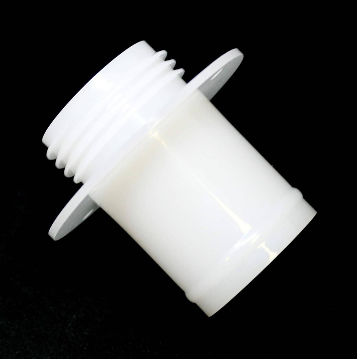 White plastic fuel tank filler neck with side flange and threaded connection end