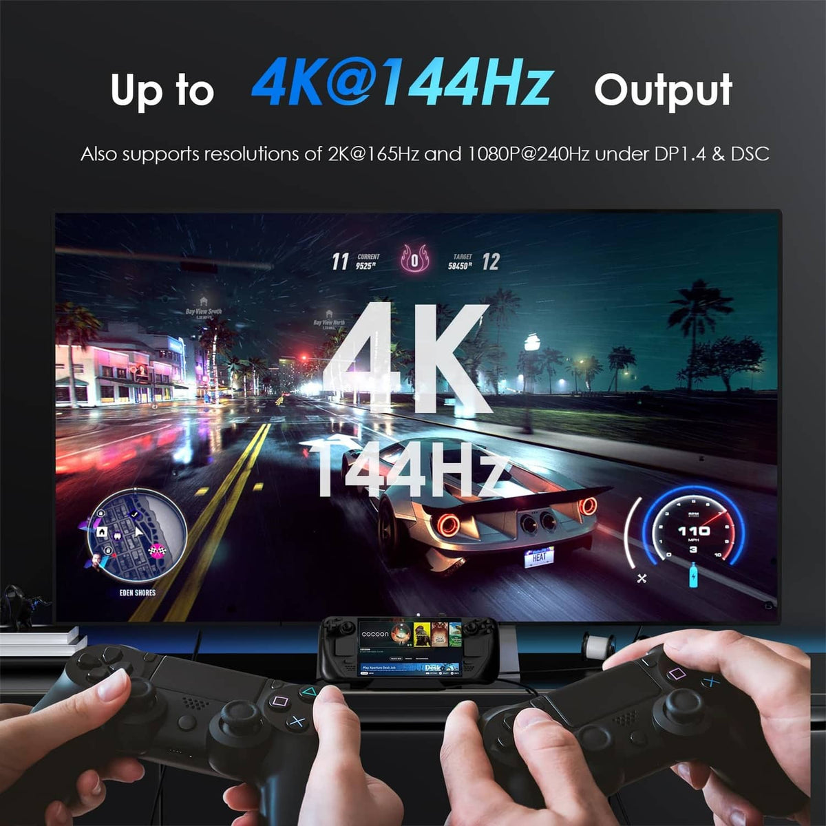 Black Steam Deck docking station connected to a controller and TV display