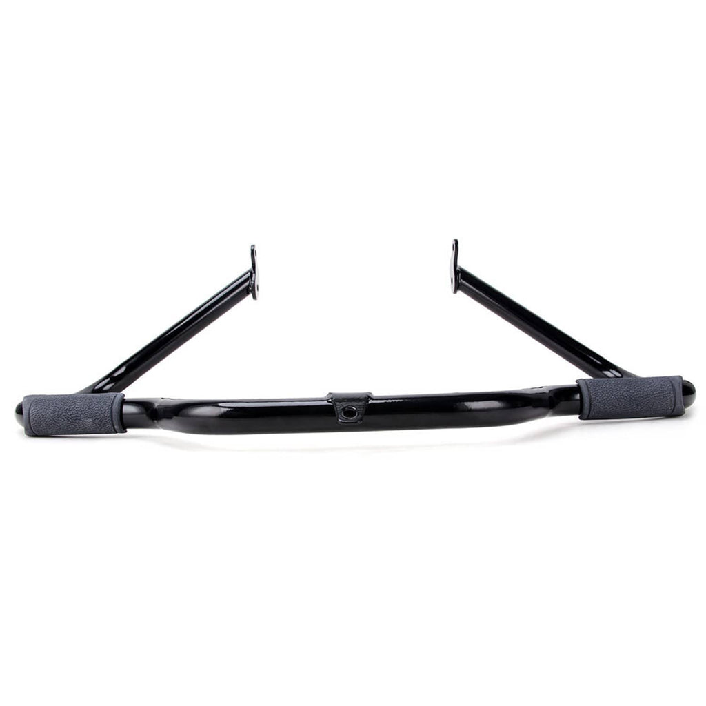 Black engine crash guard bar from the side with center mounting tab