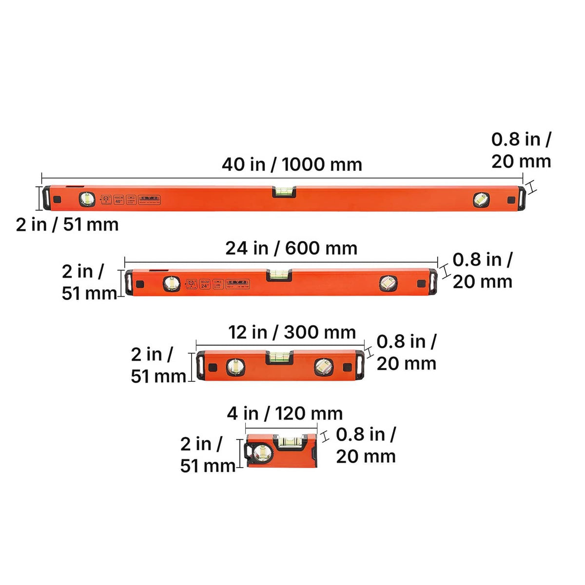 Side-view dimensions for an orange torpedo level set with multiple sizes and vial positions