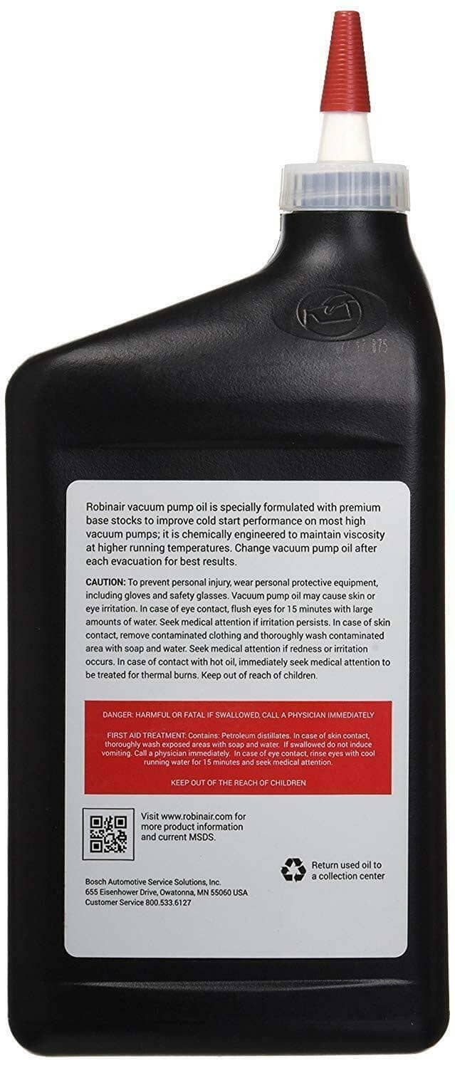 Robinair high vacuum pump oil bottle, black, back label with red text and QR code