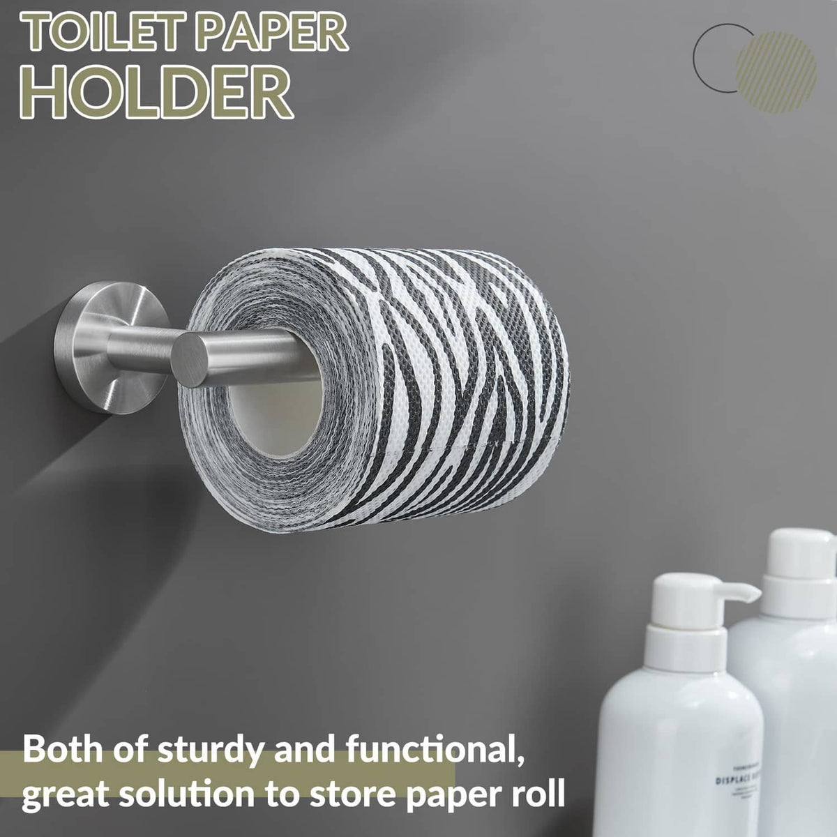 Brushed nickel stainless toilet paper holder holding a striped paper roll