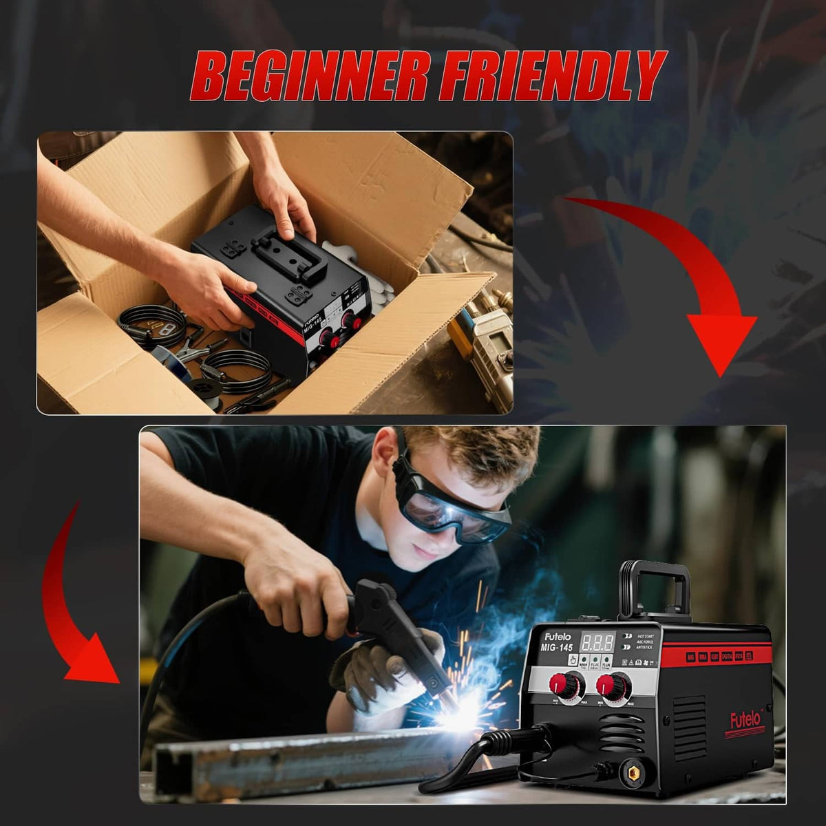 3-in-1 MIG welder in use on metal with torch, red knobs, and safety guard