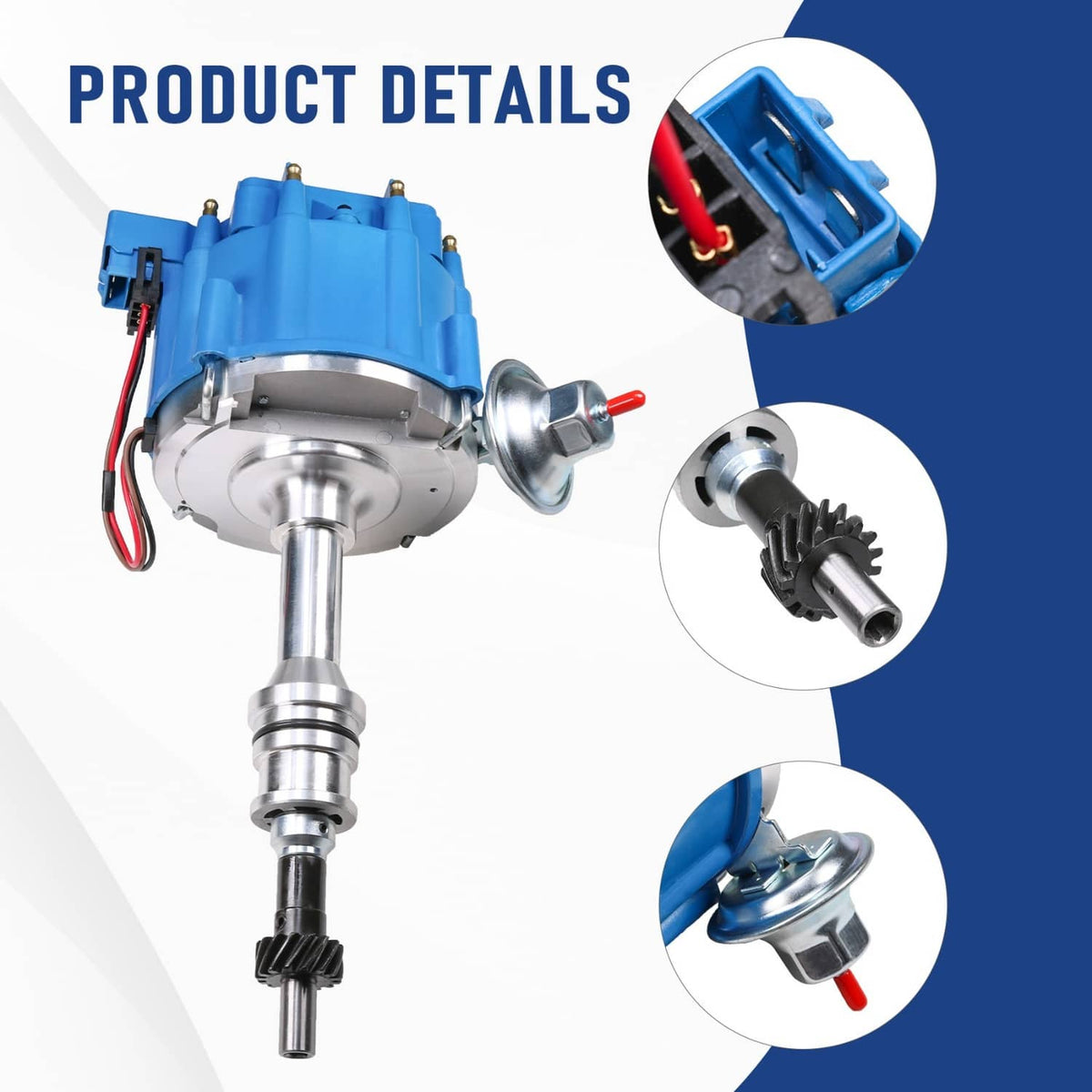 Blue HEI ignition distributor module showing cap area and mounting details