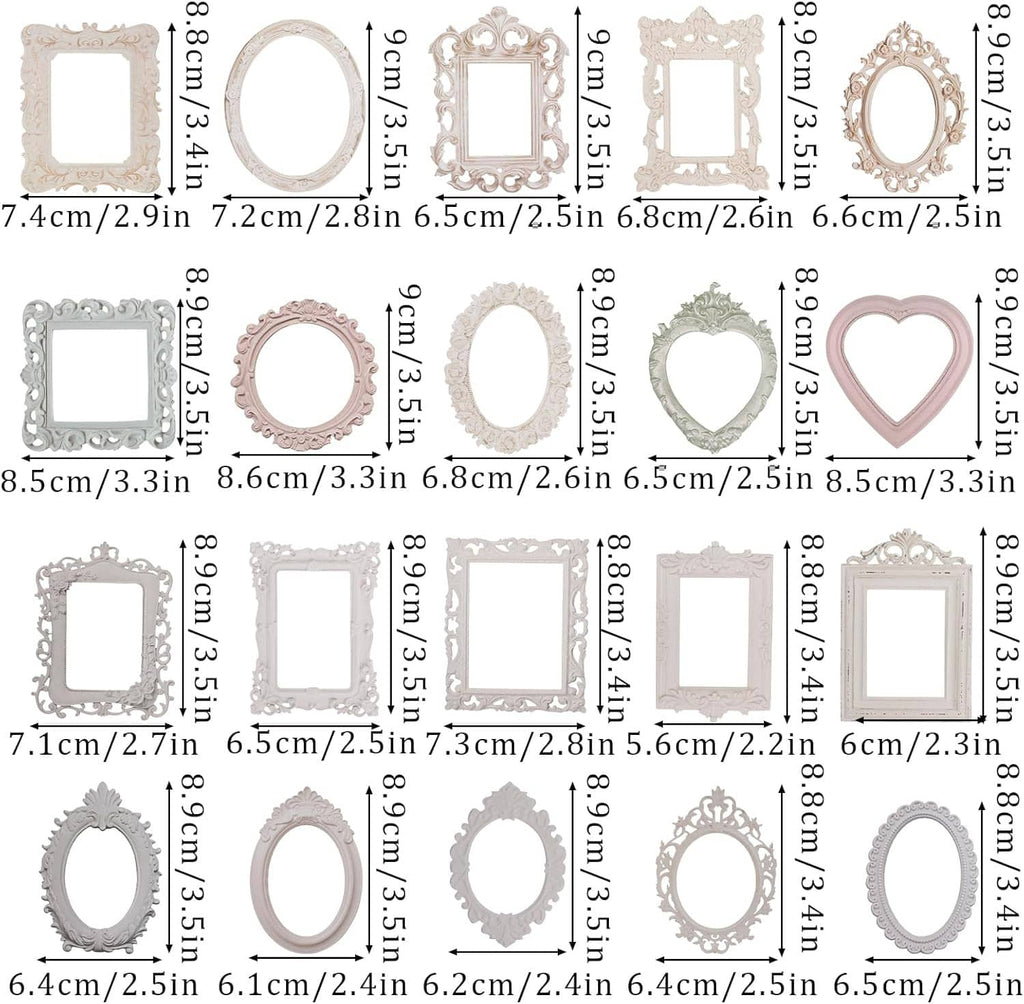 Ruler-size chart of lace scrapbook frame shapes, with measurements for square, oval, heart, and more.