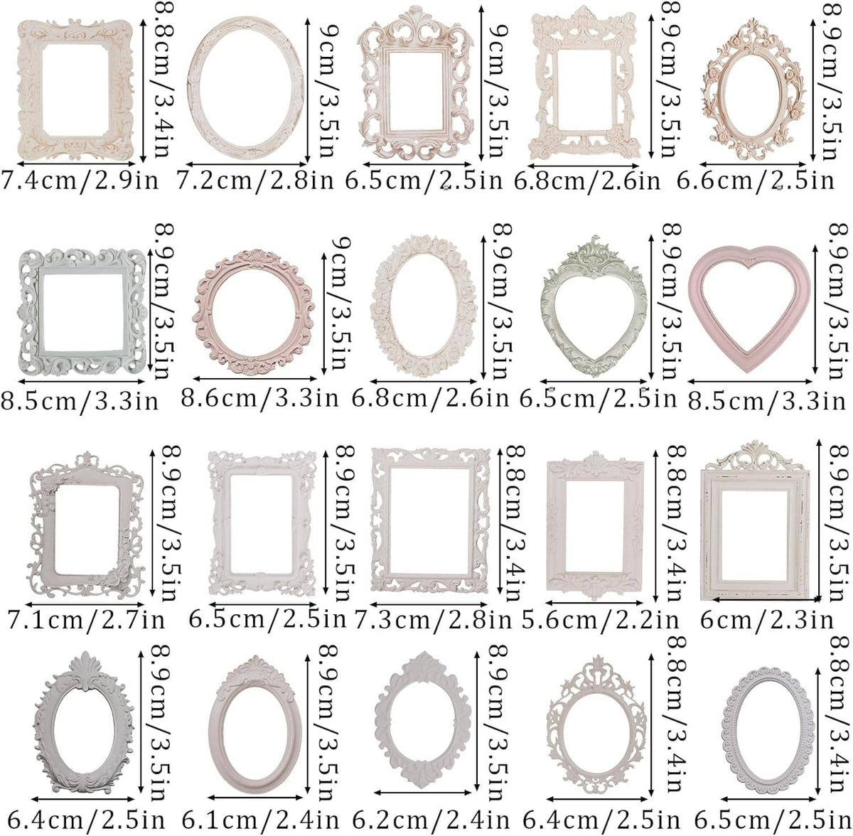 Ruler-size chart of lace scrapbook frame shapes, with measurements for square, oval, heart, and more.