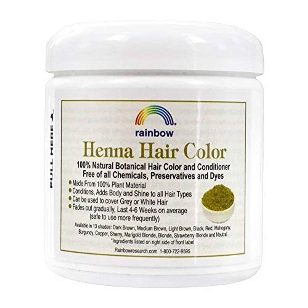 Rainbow Henna hair color & conditioner, back label on black 4 oz jar