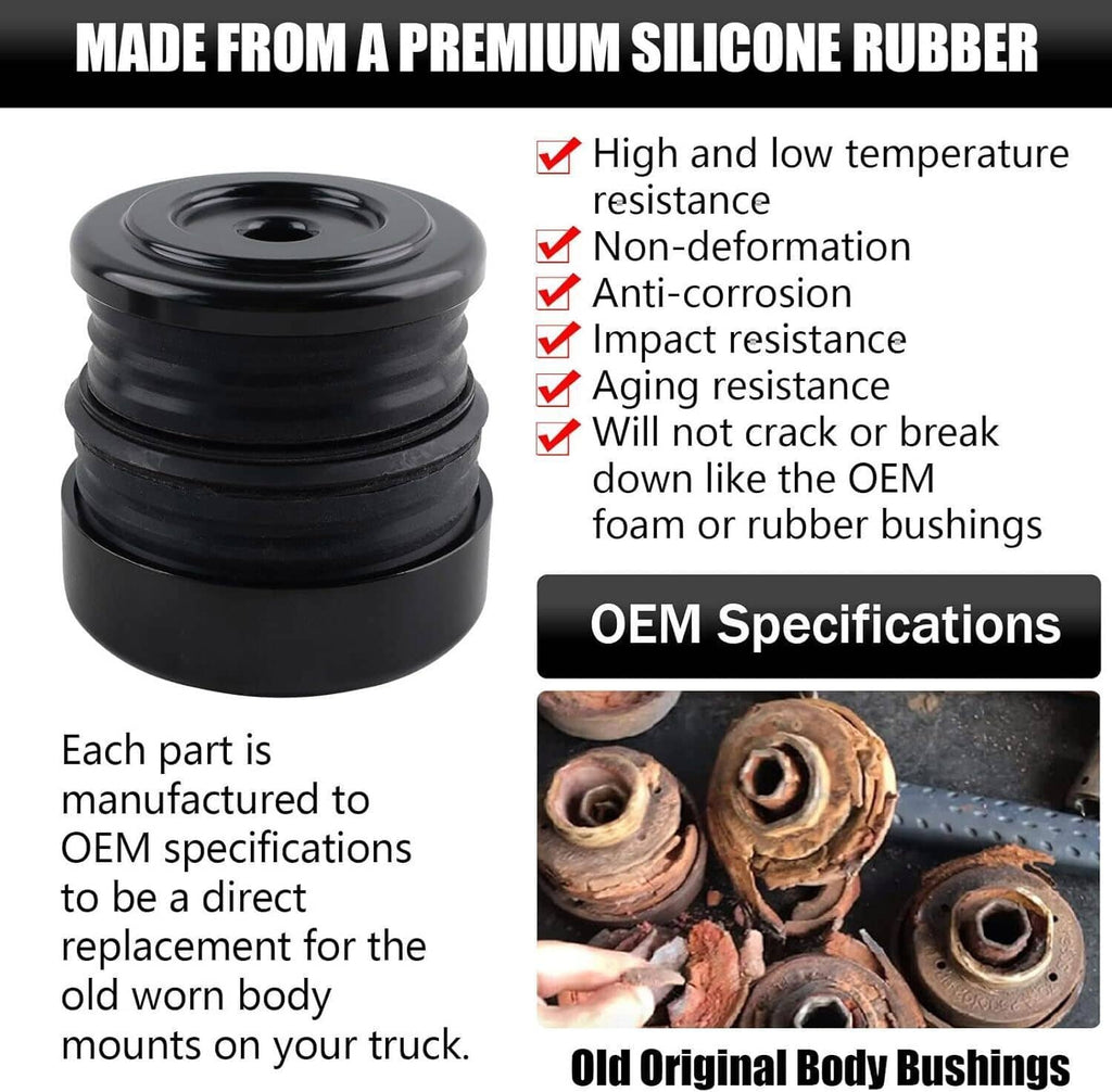 Single black silicone body mount bushing with steel cup, OEM-spec replacement design