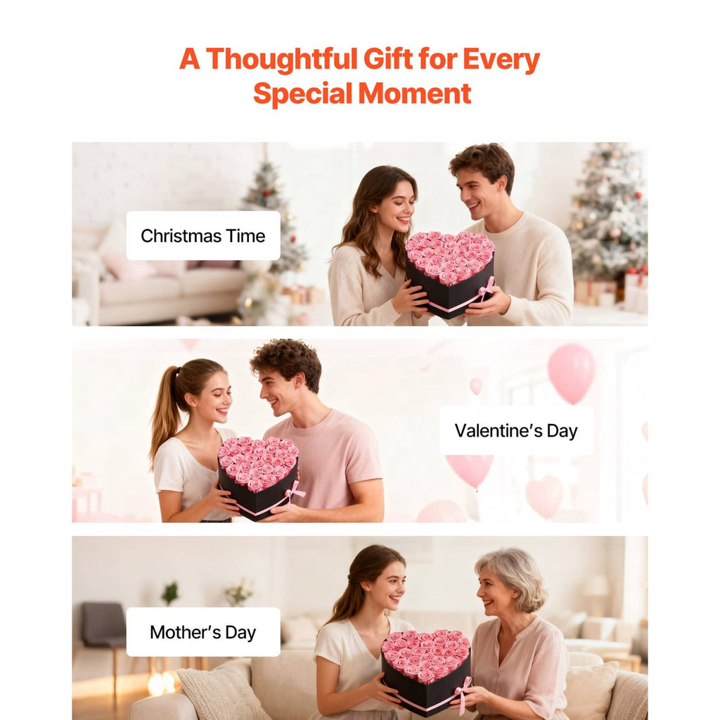 Heart-shaped box of pink preserved roses with ribbon, shown as a gift