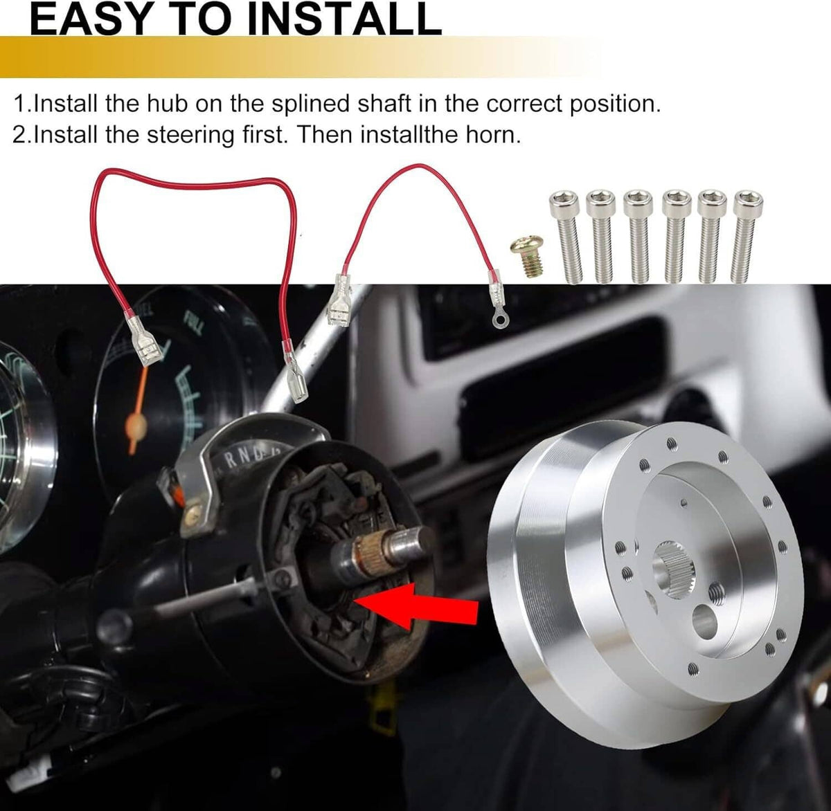 Steering wheel hub adapter mounted on steering column with wiring and bolts
