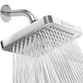 Polished chrome 6-inch square rain shower head with angled shower arm