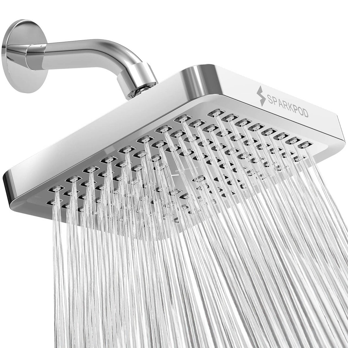 Polished chrome 6-inch square rain shower head with angled shower arm