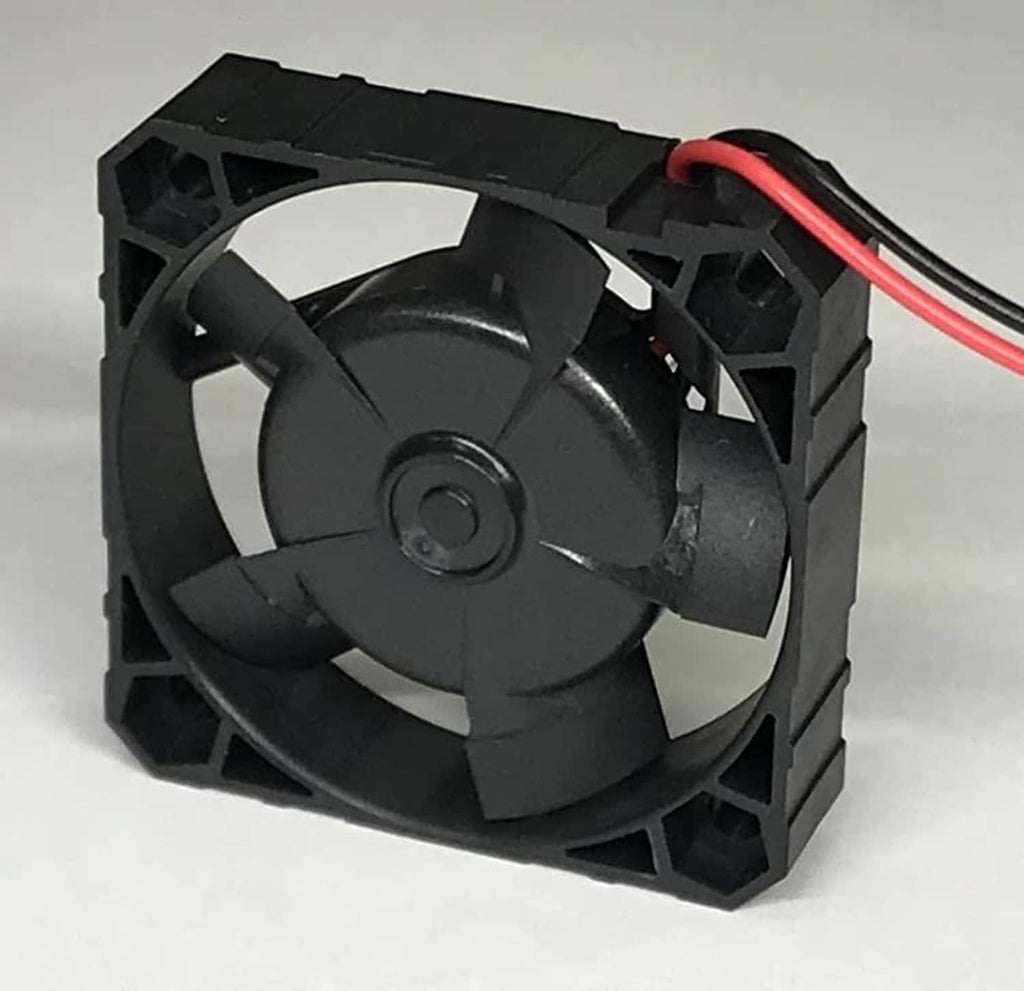 12V 40mm square fan motor rear view with red and black wires on black frame