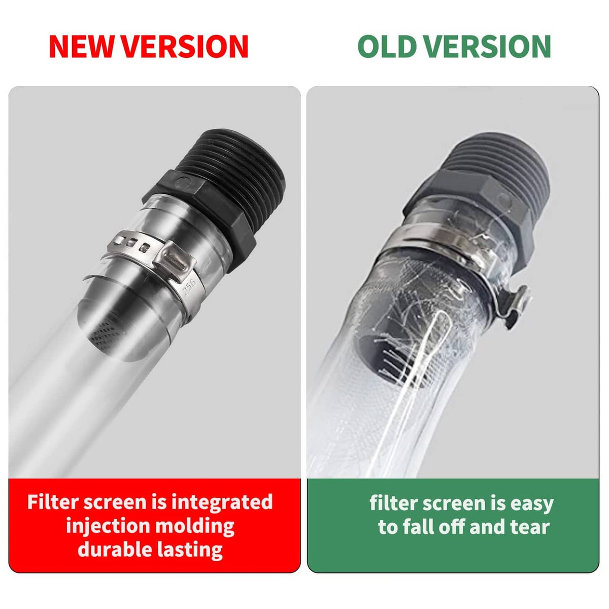 Fuel filler hose nozzle end showing new vs old style threaded metal filter housing