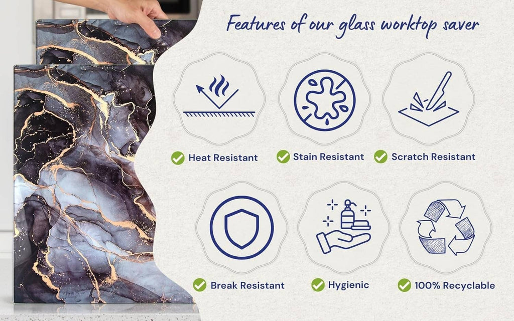 Tempered glass cutting board with marbled design and safety resistance icons