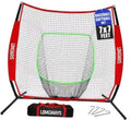 Red pop-up practice net with white mesh, green trim; includes carrying bag