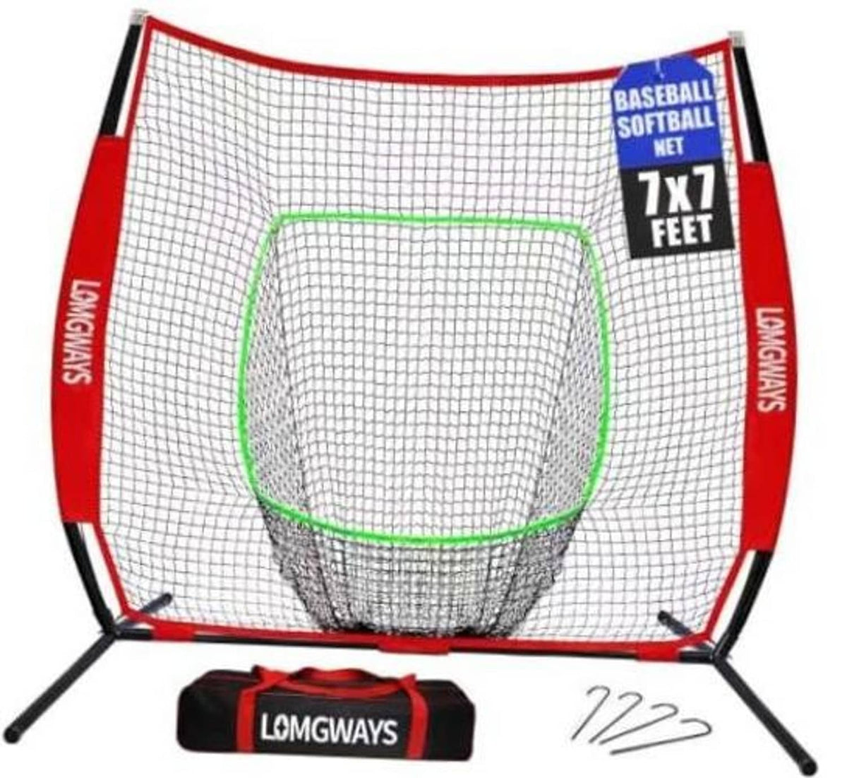 Red pop-up practice net with white mesh, green trim; includes carrying bag