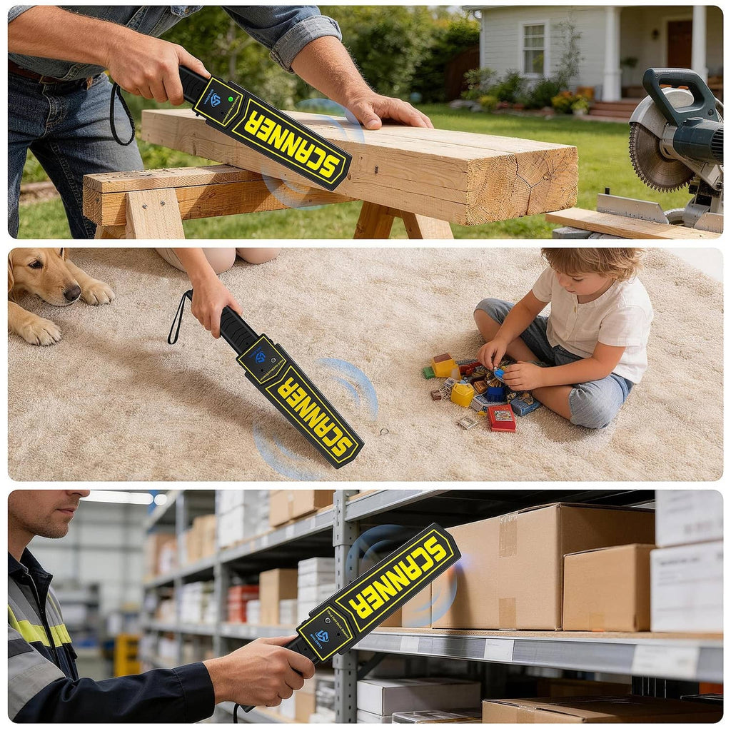 Handheld metal detector wand held over wooden beam, black body with yellow SCANNER display