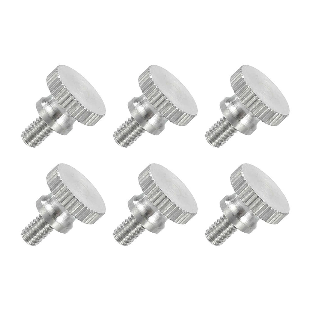 Set of six silver thumb screws with flat knurled heads and threaded shafts