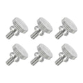 Set of six silver thumb screws with flat knurled heads and threaded shafts