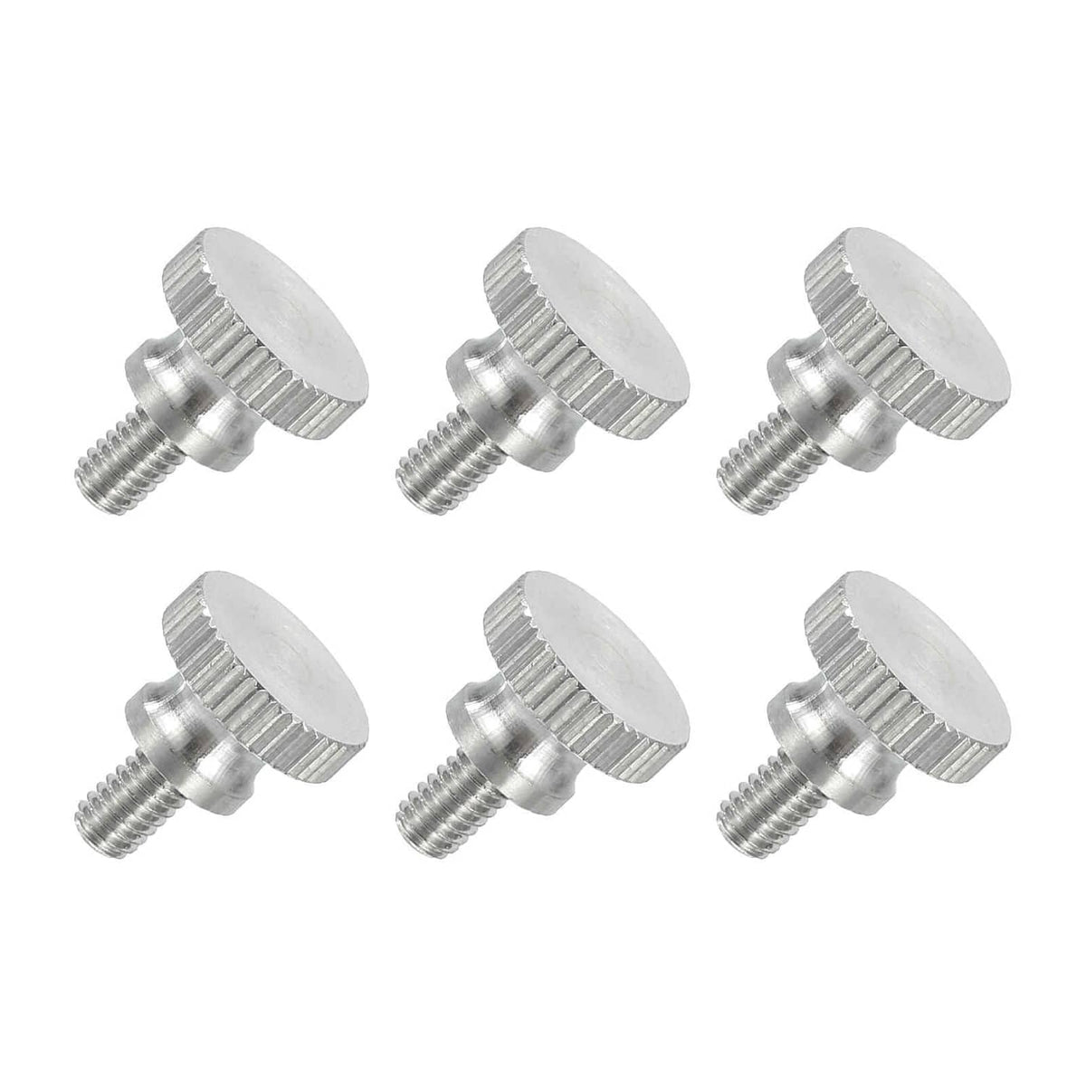 Set of six silver thumb screws with flat knurled heads and threaded shafts