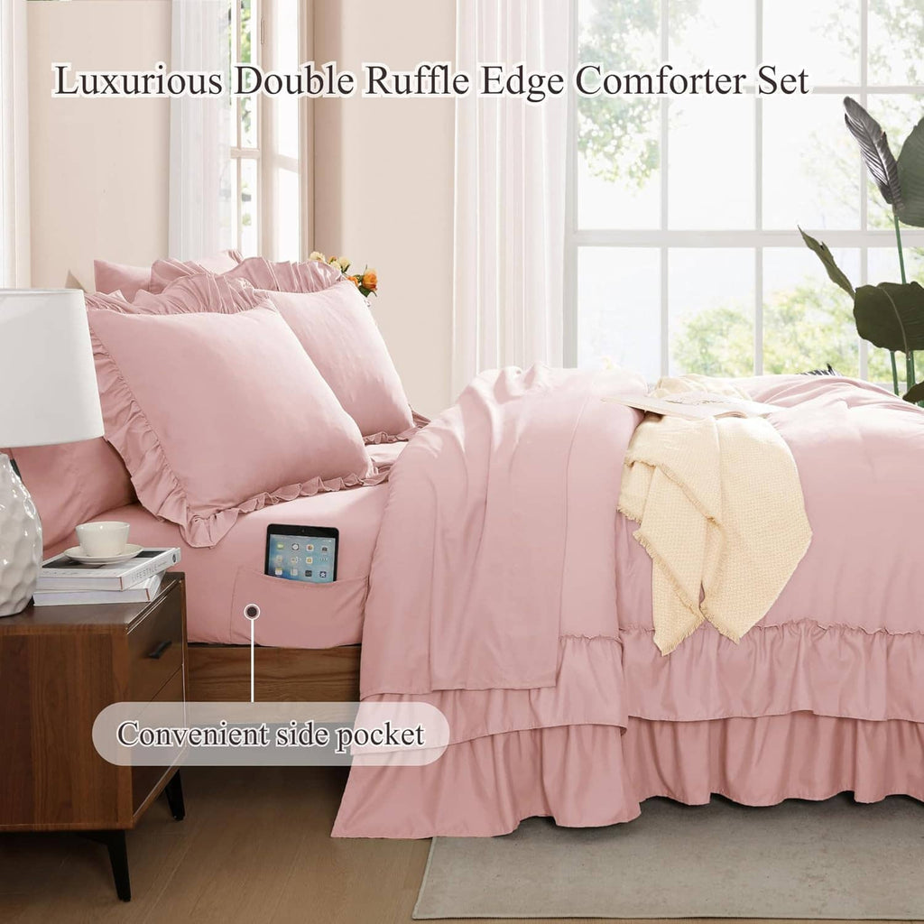 Blush pink comforter set with double ruffle edge, pillows, and side pocket