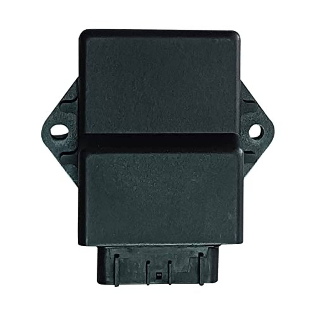 Black CDI module with mounting tabs, side holes, and bottom plug connector