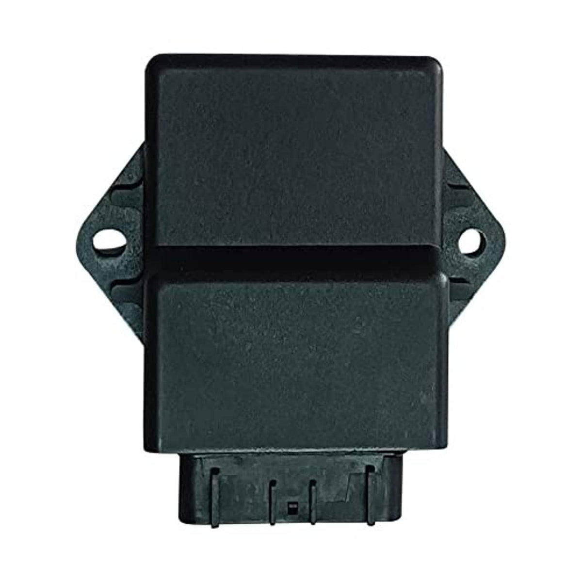 Black CDI module with mounting tabs, side holes, and bottom plug connector