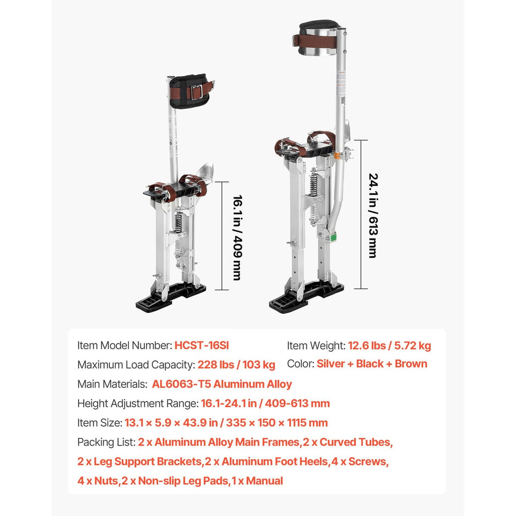 Adjustable drywall stilts shown at two heights with calf supports and black base pads