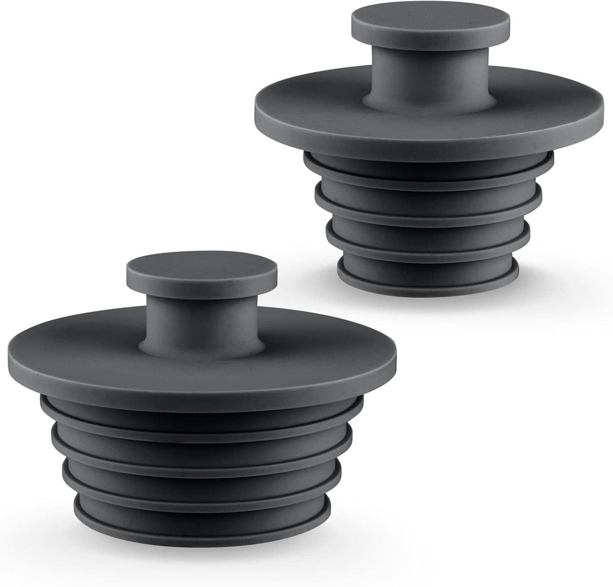 Pair of dark gray silicone drain stopper plugs for bathtub or sink drains