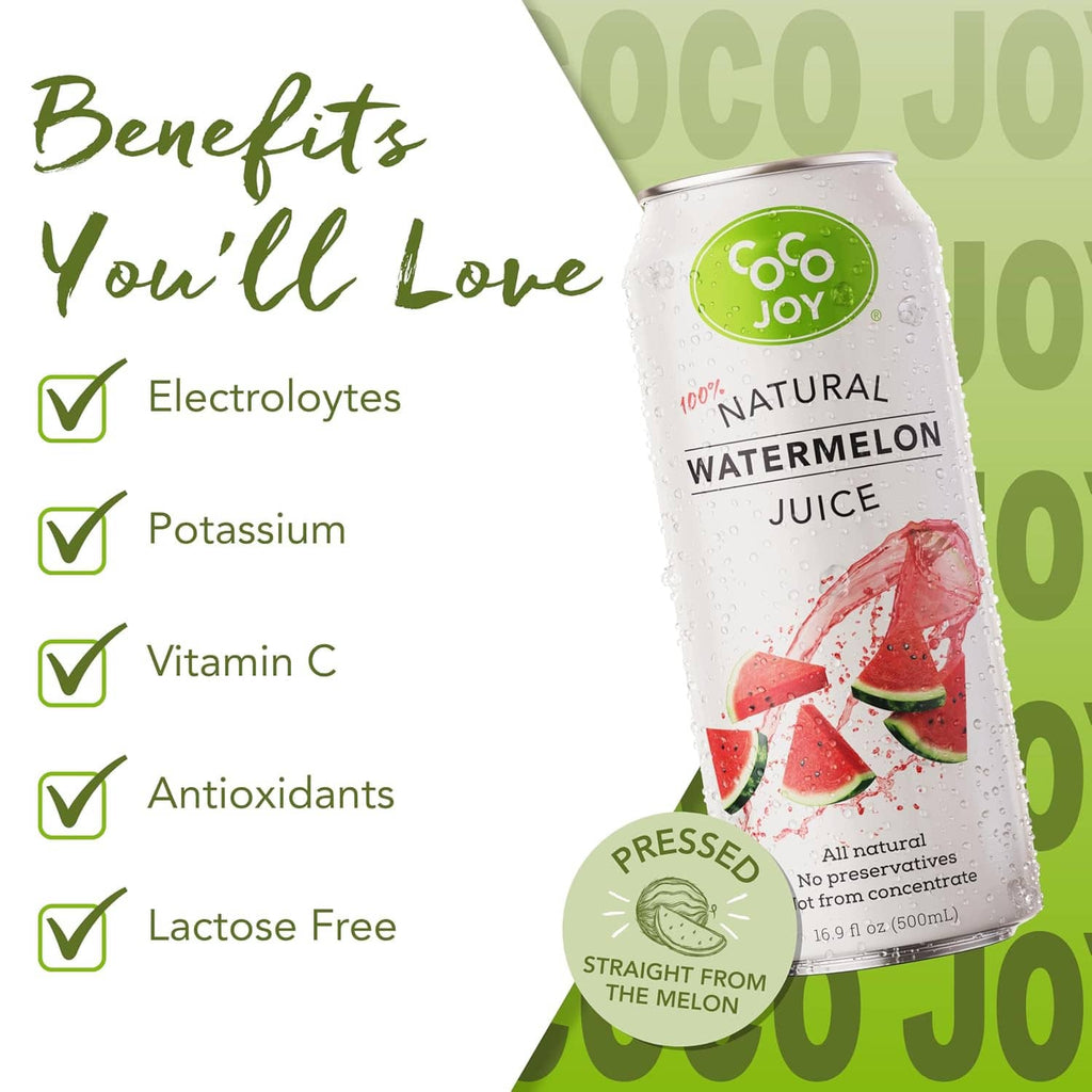 Coco Joy watermelon juice can with Benefits icons on the label