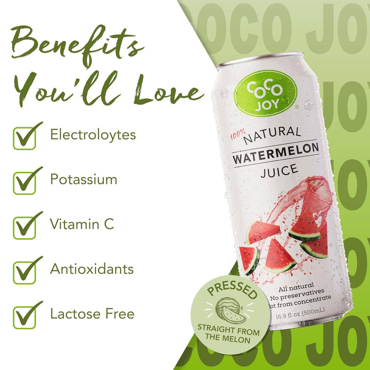 Coco Joy watermelon juice can with Benefits icons on the label