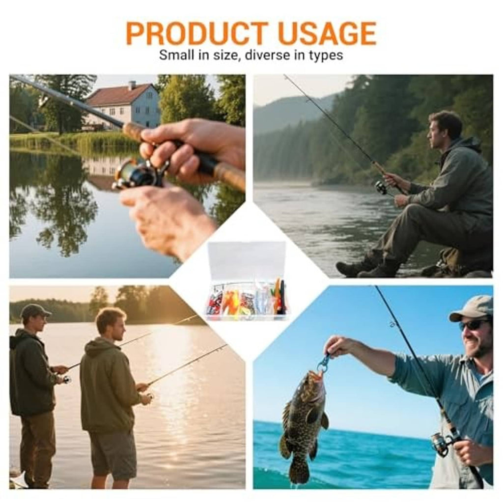 Fishing lure kit tackle box shown in outdoor fishing use with rod and line