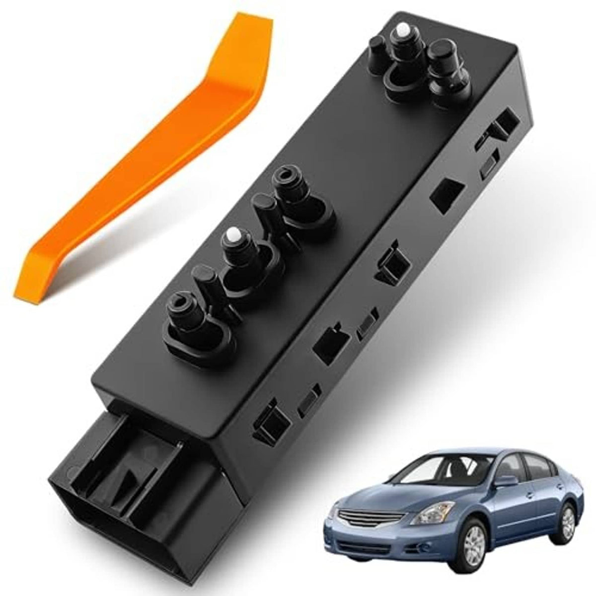 Black power seat switch module with button row and wiring ports, angled view