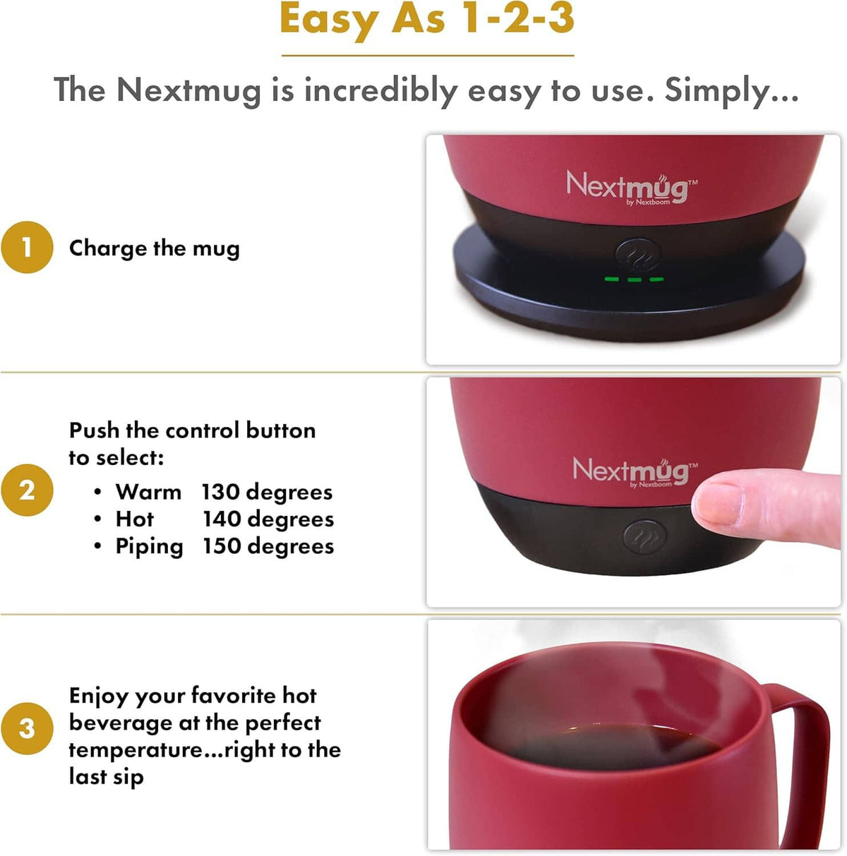 Dusty rose self-heating coffee mug showing base control buttons and LED display