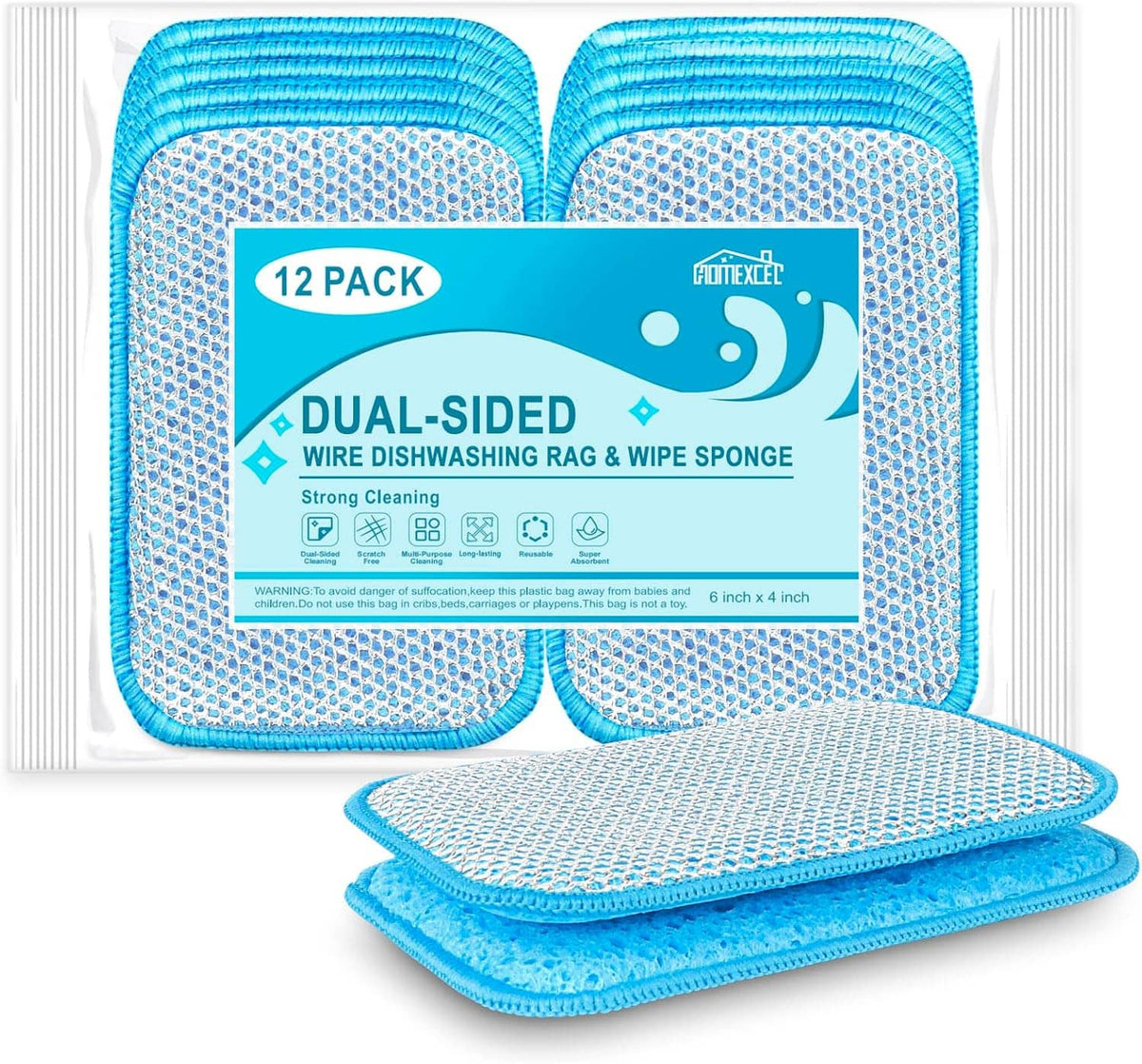 12-pack dual-sided blue wire dishwashing rags and wipe sponges in box