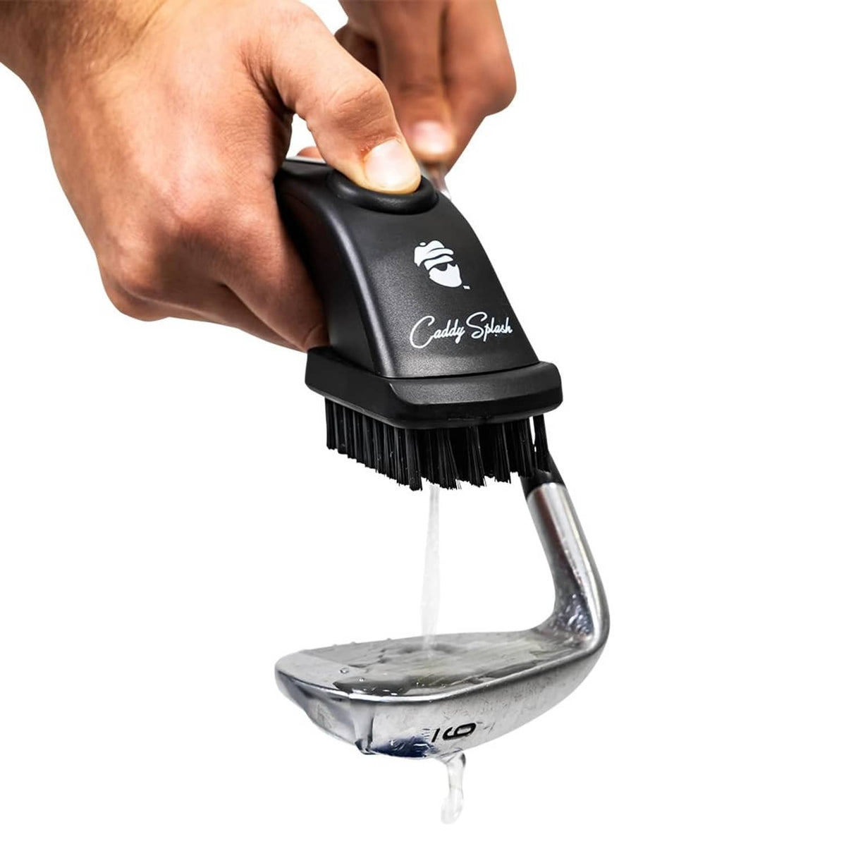Black golf club brush with push-button water sprayer and bristle cleaning head