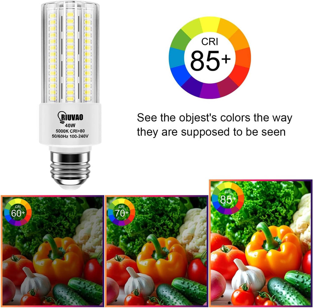 LED bulb with CRI 85+ color rendering and cool daylight 5000K; E26 base.