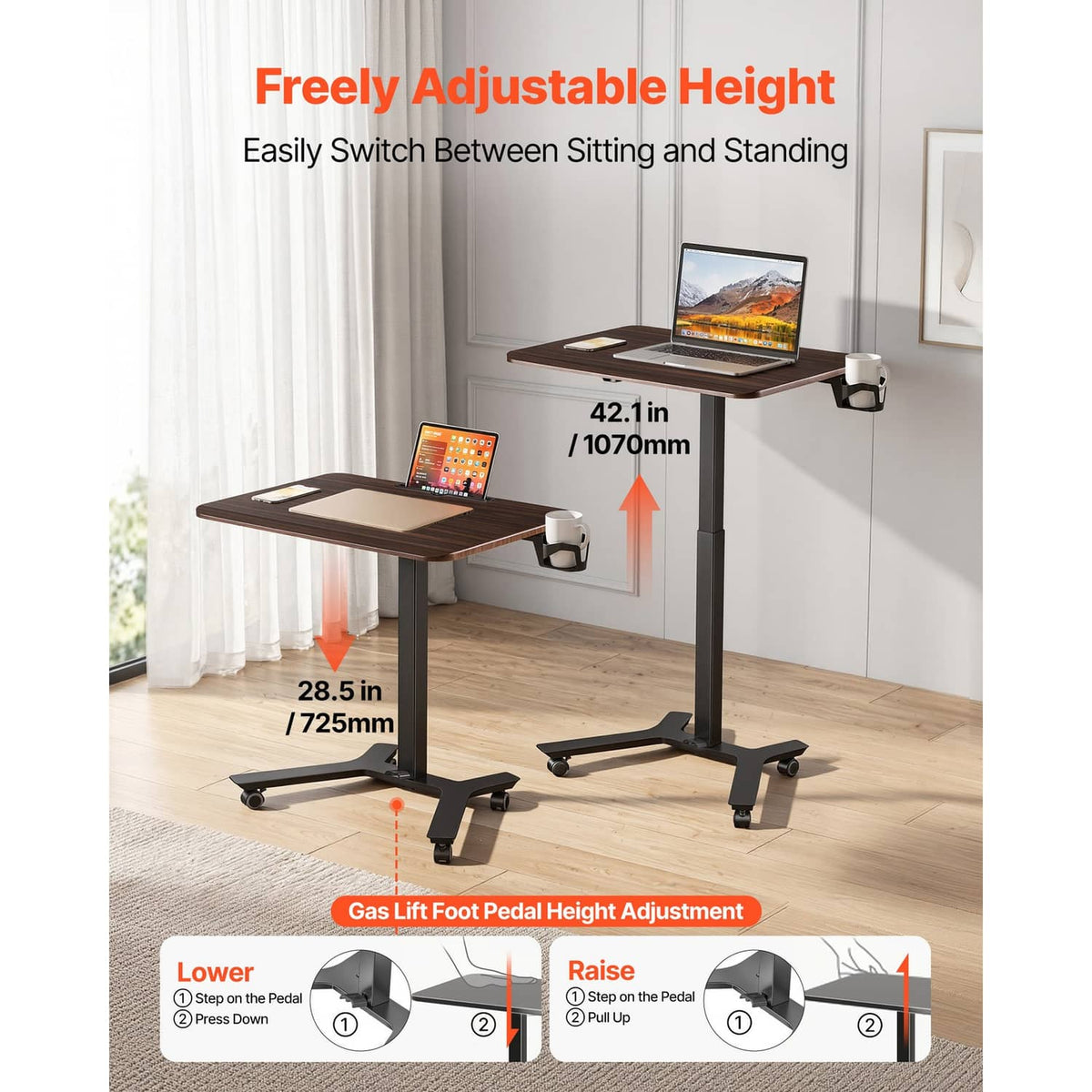 Height-adjustable dark wood standing desk with crossbar frame and casters