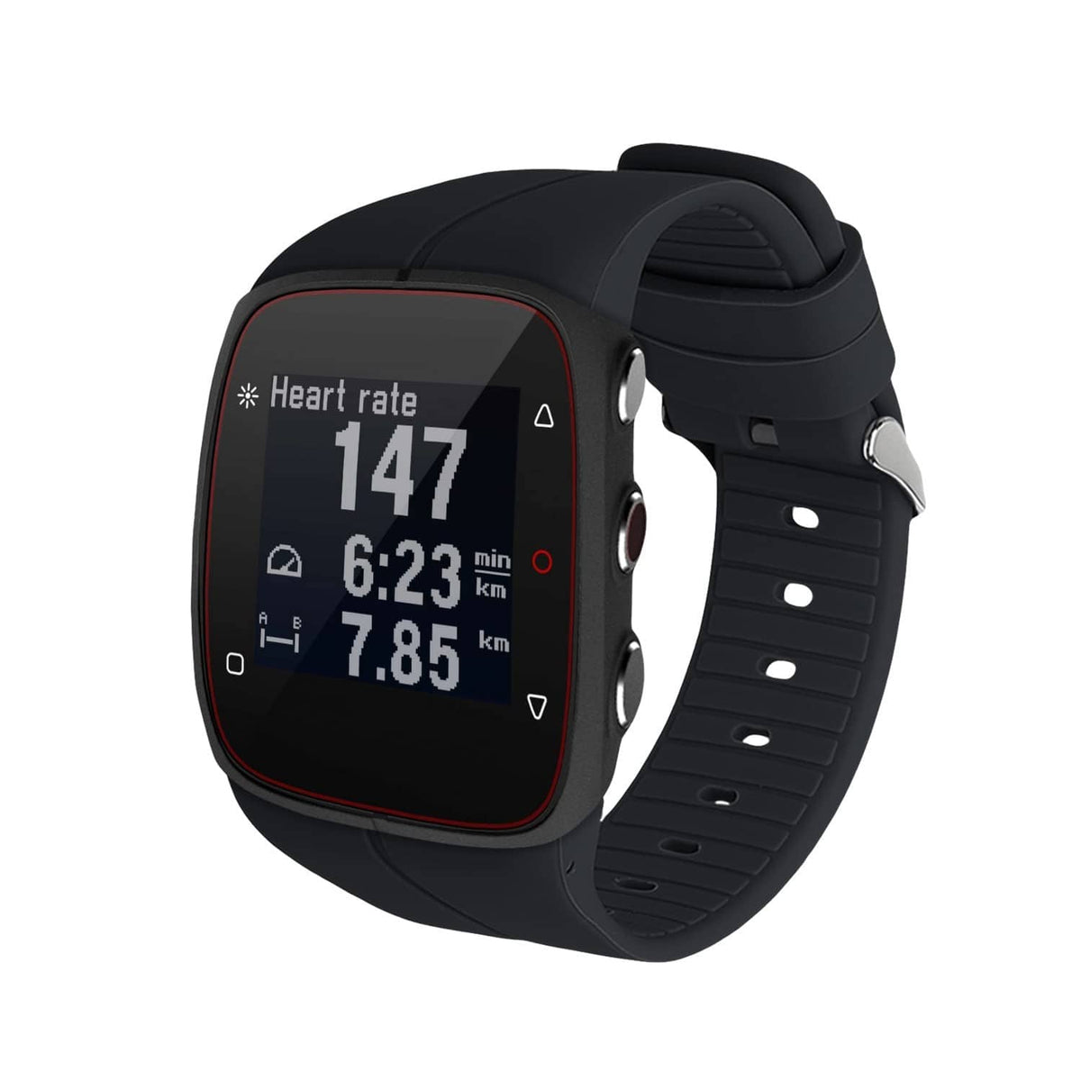 Black smartwatch replacement strap with display watch face, Polar M400/M430 compatible
