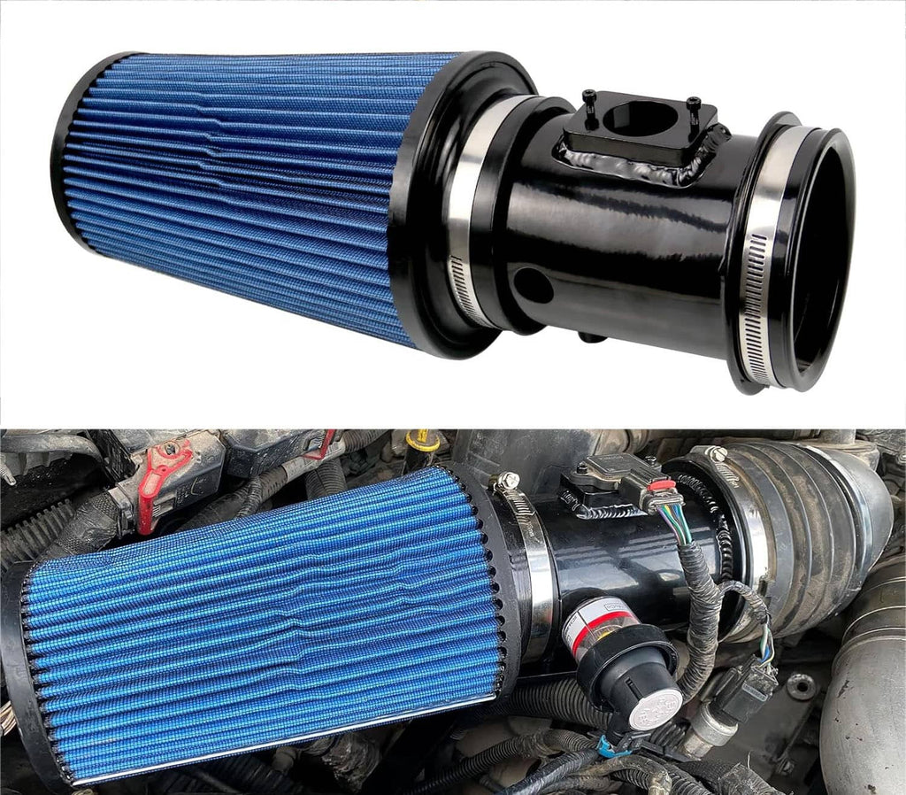 Cold air intake kit: blue cone filter and black intake tube with visible mounting parts