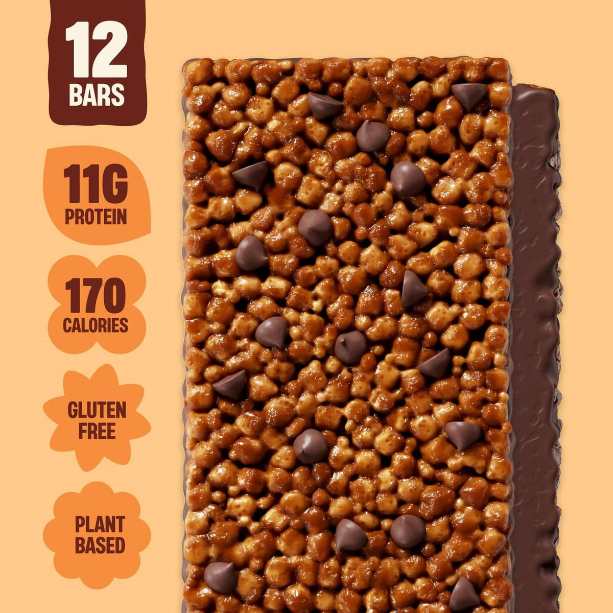 Plant-based puff-crispy protein bar pieces with dark chocolate chips