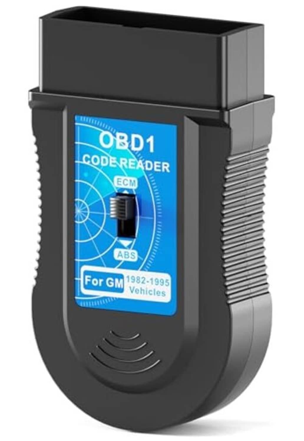 OBD1 diagnostic code reader, black housing with blue display and side ridges