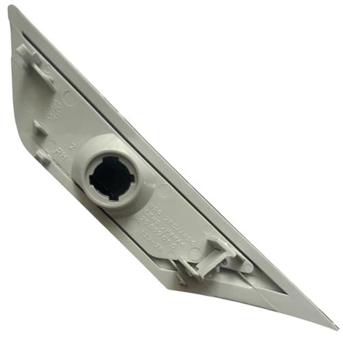 Back of side marker light lens housing with mounting clips and round socket opening