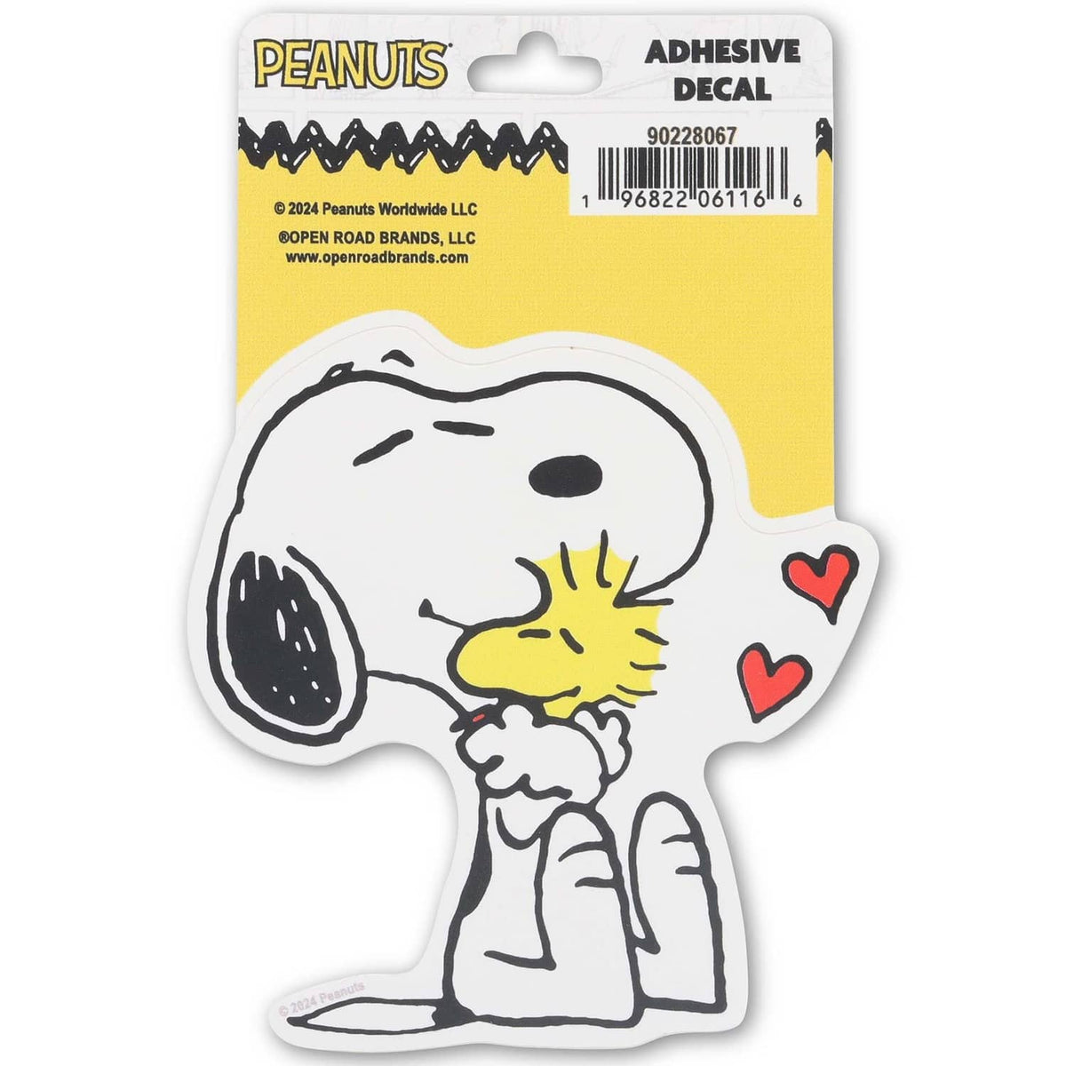 Small adhesive vinyl decal of Snoopy hugging Woodstock, white and yellow with red hearts