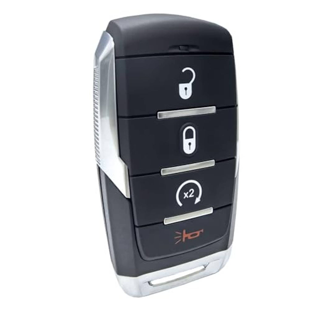 Black 4-button proximity key fob front view with lock, unlock, and x2 icons