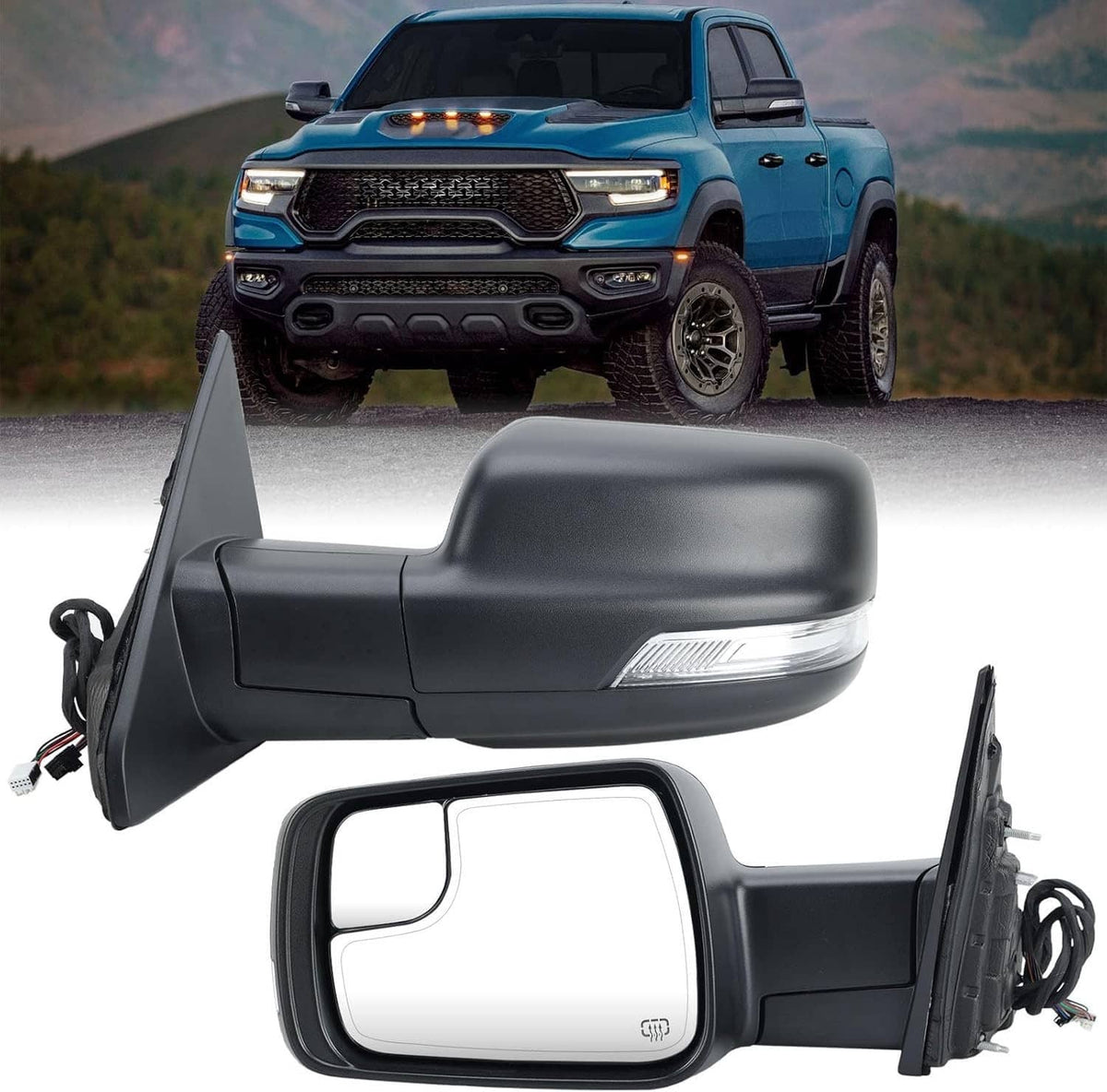 Left driver-side power-folding mirror with integrated turn-signal light
