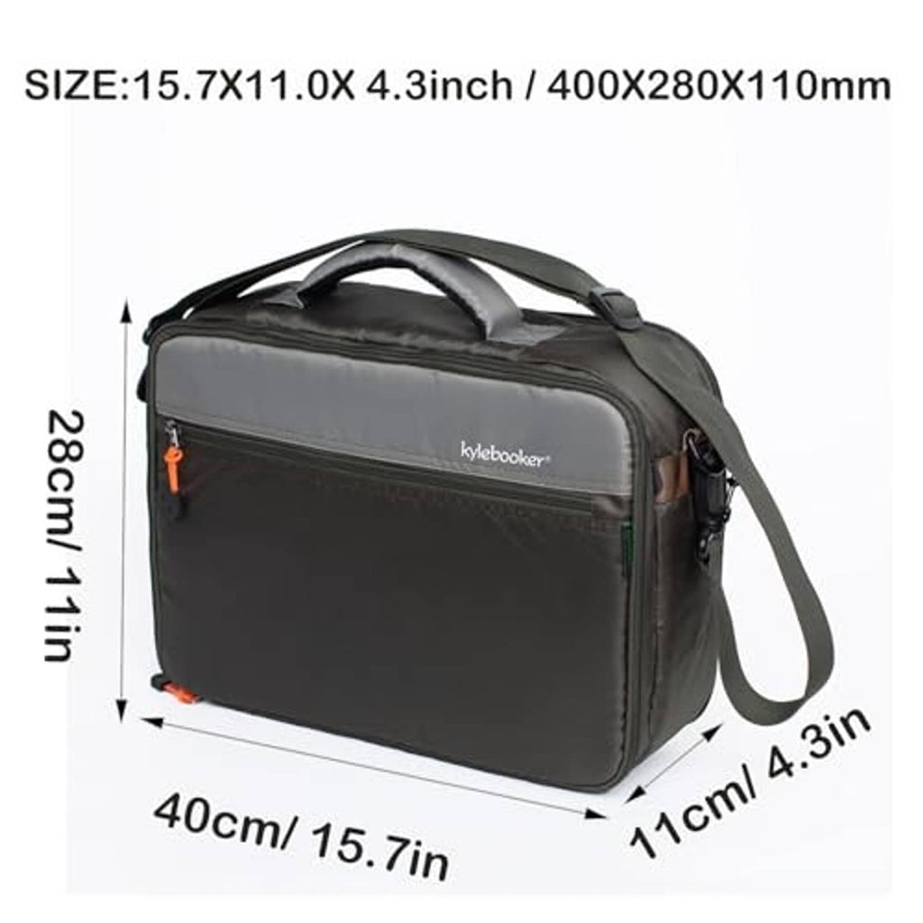 Dark gray fishing reel case with top handle and zipper; size 15.7 x 11 x 4.3 in
