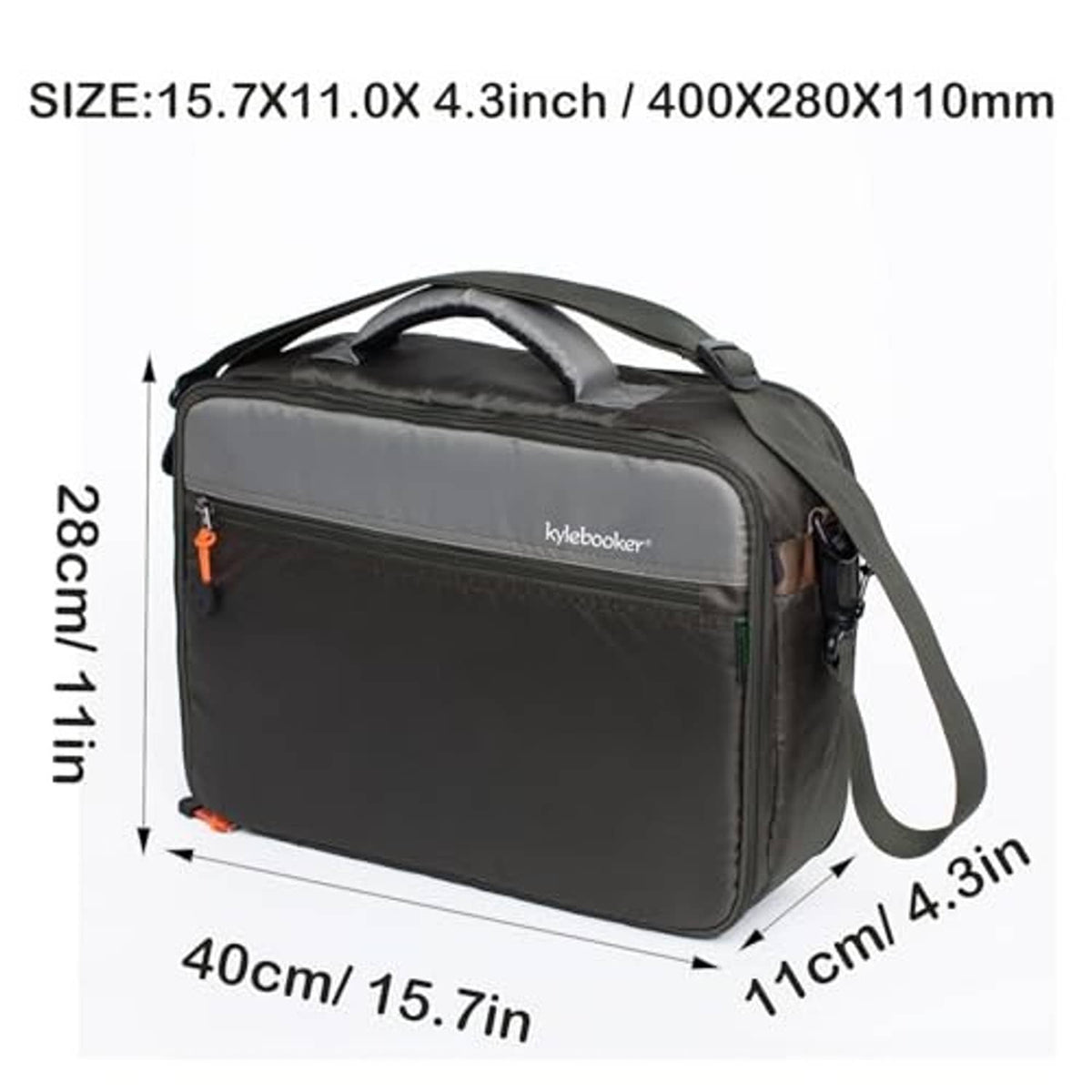 Dark gray fishing reel case with top handle and zipper; size 15.7 x 11 x 4.3 in