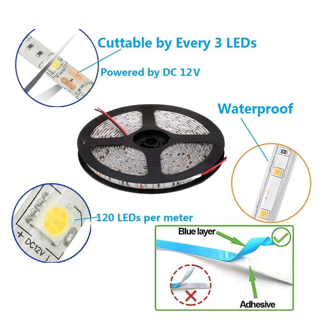 Waterproof flexible LED strip roll, cuttable design, DC 12V adhesive tape